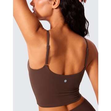 CRZ YOGA Butterlift Womens Scoop Neck Longline Sports Bra - U Back Adjustable Straps Workout Crop Tank Top with Built in Pads Coffee Brown Medium