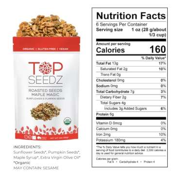 Top Seedz Certified Organic Gluten Free Vegan Maple Magic Roasted Seeds | 6-Pack | 6 Ounces | Made of Shelled Sunflower Seeds, Pumpkin Seeds, Maple Syrup, and Extra Virgin Olive Oil