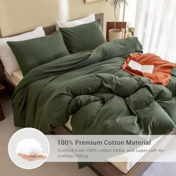 CozyTide Queen Size Comforter Set Olive Green, 100% Cotton Soft Solid Dark Green Bedding Set & Collections,3 Pieces Lightweight Bedding Set for All Seasons (90x90In Comforter and 2 Pillowcases)