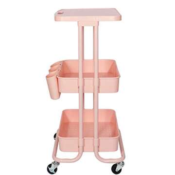 3 Tier Rolling Cart with Table Top, Multi-Functional Storage Trolley with 3 Cups & 3 Hooks for Offic...