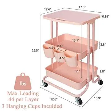 3 Tier Rolling Cart with Table Top, Multi-Functional Storage Trolley with 3 Cups & 3 Hooks for Office, Living Room, Kitchen, Movable Storage Organizer with Wheels,Pink