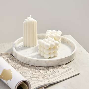 PHINILUX 𝐋𝐮𝐱𝐮𝐫𝐲 𝐈𝐭𝐚𝐥𝐢𝐚𝐧 100% Marble Round Vanity Tray 10‘’, Minimalist Modern Decor & Serving Trays for Bathroom, Kitchen, Nightstand, Jewelry Ring Dish Holder, Table Accents Decor, White