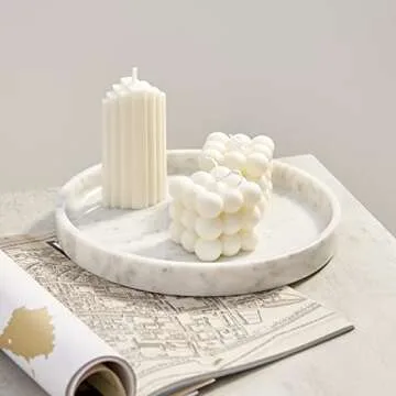 PHINILUX 𝐋𝐮𝐱𝐮𝐫𝐲 𝐈𝐭𝐚𝐥𝐢𝐚𝐧 100% Marble Round Vanity Tray 10‘’, Minimalist Modern Decor & Serving Trays for Bathroom, Kitchen, Nightstand, Jewelry Ring Dish Holder, Table Accents Decor, White