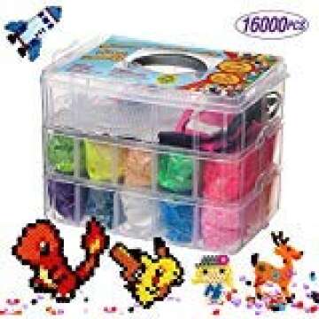 16000 Fuse Bead Kit-20 Color(5 Glow in The Dark),Small Iron,Full Size Pattern,Tweezers, Peg Boards, Ironing,Paper,Perler Beads Compatible