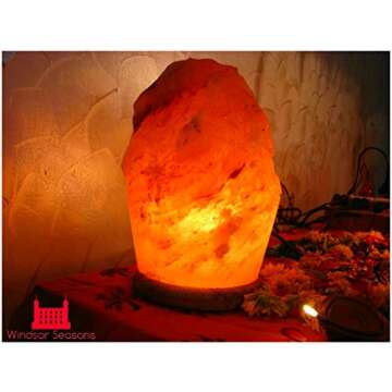 Windsor Seasons Hand Crafted Natural Large 9-Inch Crystal Himalayan Salt Lamp with Neem Wood Base, 6-Feet Cord, Dimmer Switch and Bulb