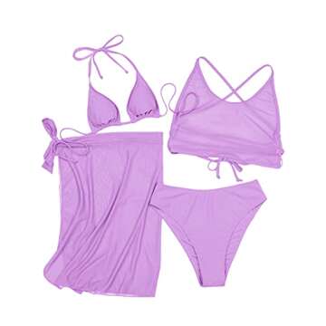 SheIn Women's 4 Pieces Swimsuit Triangle Bikini Set with Halter Top and Beach Skirt Lilac Purple Small