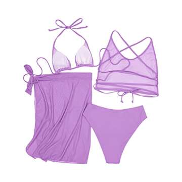 SheIn Women's 4 Pieces Swimsuit Triangle Bikini Set with Halter Top and Beach Skirt Lilac Purple Small
