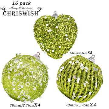 ChrisWish 16PCS Green Heart Ornaments&Christmas Ball Ornaments, Christmas Ball Decorations Shatterpr...
