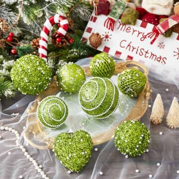 ChrisWish 16PCS Green Heart Ornaments&Christmas Ball Ornaments, Christmas Ball Decorations Shatterproof Plastic Hanging Pearl Balls for Holiday Party