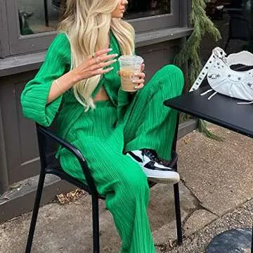 Creaion Women's 2 Piece Casual Plisse Set Outfit Long Sleeve Button Down Shirt High Waist Palazzo Long Pants Lounge Streetwear Sets Green