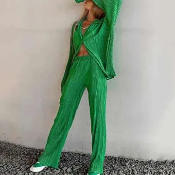 Creaion Women's 2 Piece Casual Plisse Set Outfit Long Sleeve Button Down Shirt High Waist Palazzo Long Pants Lounge Streetwear Sets Green