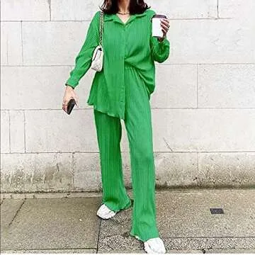 Creaion Women's 2 Piece Casual Plisse Set Outfit Long Sleeve Button Down Shirt High Waist Palazzo Long Pants Lounge Streetwear Sets Green