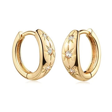 MYEARS Women Starburst Earrings Gold Huggie Hoop Triple Stars Diamond Cubic Zirconia 14K Gold Filled...