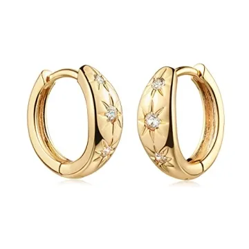 MYEARS Women Starburst Earrings Gold Huggie Hoop Triple Stars Diamond Cubic Zirconia 14K Gold Filled...
