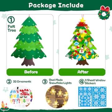 Felt Christmas Tree for Toddlers - 3.3 FT Felt Christmas Tree for Kids Wall with Snowflake Lights + 32 Ornaments, DIY Felt Tree Set Xmas Christmas Decorations, Kids Toddler
