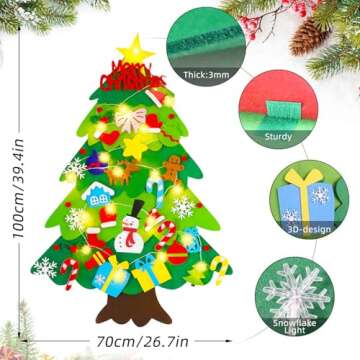 Felt Christmas Tree for Toddlers - 3.3 FT Felt Christmas Tree for Kids Wall with Snowflake Lights + 32 Ornaments, DIY Felt Tree Set Xmas Christmas Decorations, Kids Toddler