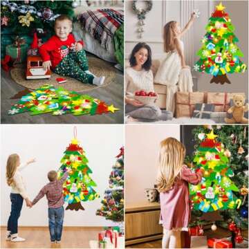 Felt Christmas Tree for Toddlers - 3.3 FT Felt Christmas Tree for Kids Wall with Snowflake Lights + 32 Ornaments, DIY Felt Tree Set Xmas Christmas Decorations, Kids Toddler