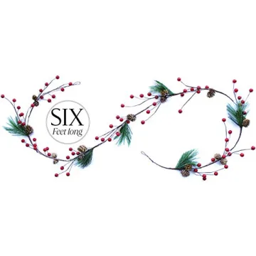 Winter Garland Christmas Decoration of Red Berries, Pine Cones & Evergreen Pine Needle – Unlit Holiday Berry Décor for Home, Kitchen, Bar & Fireplace & Decorative Outdoor Greenery 6 Ft Long Clearance