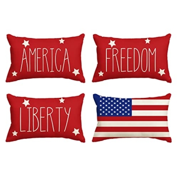 AVOIN 4th of July Patriotic Saying Throw Pillow Covers 12x20 Set of 4, Freedom America Liberty USA F...