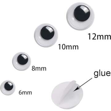 Upins 1000 Pcs Black Wiggle Googly Eyes with Self-Adhesive, 6mm 8mm 10 mm 12mm Mixed Packaging