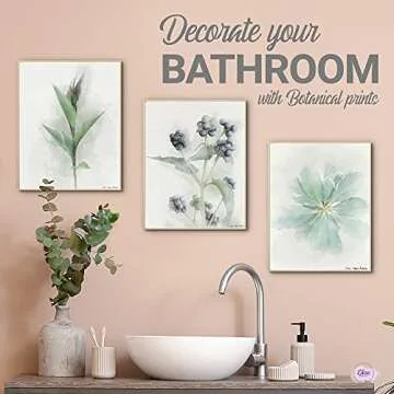 Handmade Floral Wall Art Home Décor, Botanical Flower Watercolor Painting Prints Set of 3, Boho Decoration for Bathroom, Housewarming & Hostess Gift Idea, 8 X 10, Unframed (8"x10", Green)