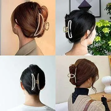 LINXUXIE Large Pearl Hair Clips - 4.5 inch Zinc Alloy Banana Claw Clips for Thick Hair, Strong Hold Accessories for Women and Girls (3PCS)