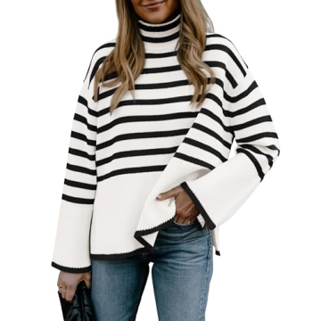 BTFBM Women Casual Turtleneck Striped Sweater 2024 Fall Winter Jumper Tops Long Sleeve Side Slit Ove...