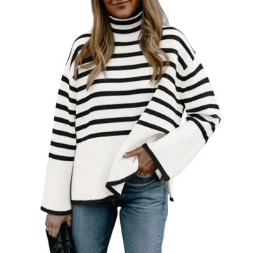 BTFBM Women Casual Turtleneck Striped Sweater 2024 Fall Winter Jumper Tops Long Sleeve Side Slit Ove...