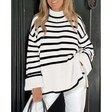BTFBM Women Turtleneck Striped Sweater for Fall Winter