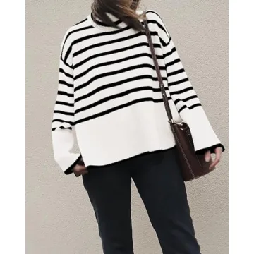BTFBM Women Turtleneck Striped Sweater for Fall Winter