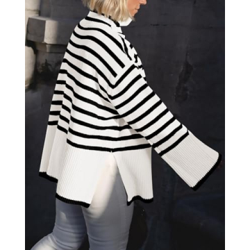 BTFBM Women Turtleneck Striped Sweater for Fall Winter