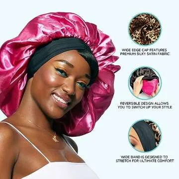 KISS Colors & Care Silky Satin Wide Edge Double Wear Cap XL, Black, Double Sided Reversible Design, Premium Charmeuse Fabric, Protects styles & Retains Moisture, Slip-Free, Comfortable & Durable Overnight Hair Bonnet, All Hair Types & Styles
