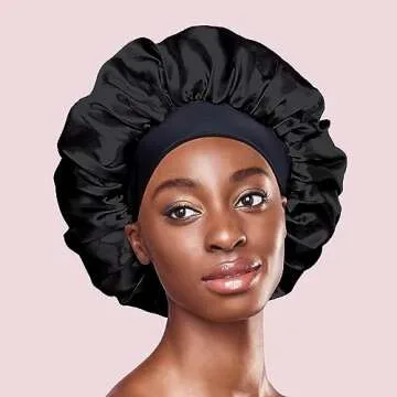 KISS Colors & Care Silky Satin Wide Edge Double Wear Cap XL, Black, Double Sided Reversible Design, Premium Charmeuse Fabric, Protects styles & Retains Moisture, Slip-Free, Comfortable & Durable Overnight Hair Bonnet, All Hair Types & Styles