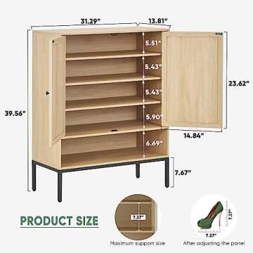 Yechen Natural Rattan Shoe Cabinet, 5-Tier Shoe Rack Storage Organizer with Doors, Metal Legs, Entryway Shoe Cabinet for Modern Heels, Boots, Entrance Hallway (1 Piece, Natural)