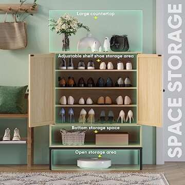 Yechen Natural Rattan Shoe Cabinet, 5-Tier Shoe Rack Storage Organizer with Doors, Metal Legs, Entryway Shoe Cabinet for Modern Heels, Boots, Entrance Hallway (1 Piece, Natural)