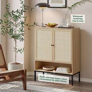 Yechen Natural Rattan Shoe Cabinet, 5-Tier Shoe Rack Storage Organizer with Doors, Metal Legs, Entryway Shoe Cabinet for Modern Heels, Boots, Entrance Hallway (1 Piece, Natural)