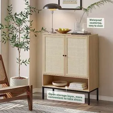 Yechen Natural Rattan Shoe Cabinet, 5-Tier Shoe Rack Storage Organizer with Doors, Metal Legs, Entryway Shoe Cabinet for Modern Heels, Boots, Entrance Hallway (1 Piece, Natural)