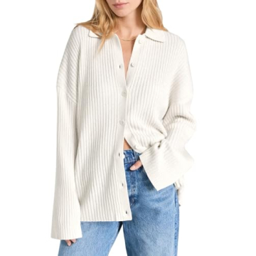 Danedvi Womens Collared Cardigan Sweaters Oversized Ribbed Knit Open Front Button Up Bell Sleeve Out...