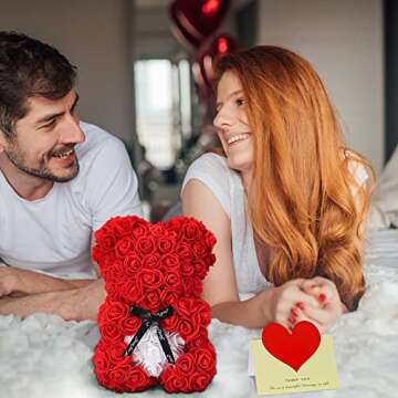 Double Couple Gift for Mom Women-Rose Cute Bear - Rose Adorable Teddy Artificial Bear - Best Gift for Valentines Day, Mothers Day, Anniversary, Birthdays - Clear Gift Box Included! 10 Inches Tall