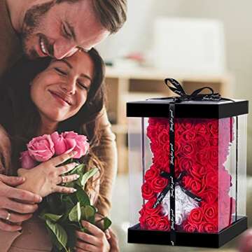 Double Couple Gift for Mom Women-Rose Cute Bear - Rose Adorable Teddy Artificial Bear - Best Gift for Valentines Day, Mothers Day, Anniversary, Birthdays - Clear Gift Box Included! 10 Inches Tall