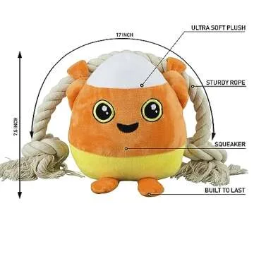 Native Pup Dog Toy Rope and Plush Stuffed Squeaker, Tug of War Toys for Dogs, Puppy Welcome Home Add on for Pets (Candy Corn)