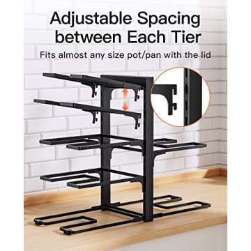 ORDORA Pots and Pans Organizer: Rack for Cabinet, 8-Tier Heavy Duty 120LBS Pots Pans Organizer Rack under Cabinet Adjustable for Dutch Ovens, Cast-iron Pans, Heavy Skillets Griddles, Shallow Pots
