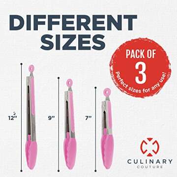 Silicone Kitchen Tongs for Cooking with Silicone Tips, Heat Resistant Tongs for Serving Food, 7-Inch, 9-Inch, 12-Inch Locking Silicone Tongs, Set of 3 Salad Tongs, Pink Kitchen Utensils