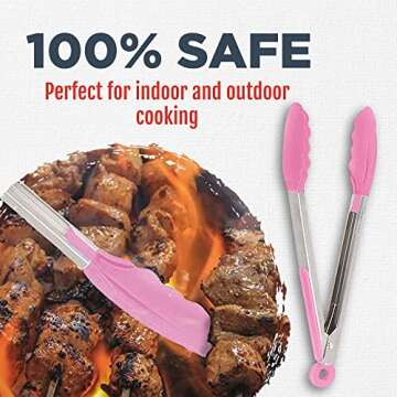 Silicone Kitchen Tongs for Cooking with Silicone Tips, Heat Resistant Tongs for Serving Food, 7-Inch, 9-Inch, 12-Inch Locking Silicone Tongs, Set of 3 Salad Tongs, Pink Kitchen Utensils
