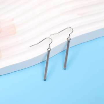 Limerencia Pure Titanium Vertical Bar Dangle Earrings,Lightweight Drop Earrings Hypoallergenic for Sensitive Ears Women (30mm, Shiny grey)
