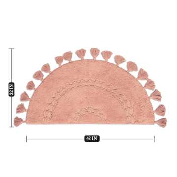 Unique Boho Rug - Half Circle Mat with Crochet Insert Detail & Tassels - 100% Cotton Boho Bathroom R...