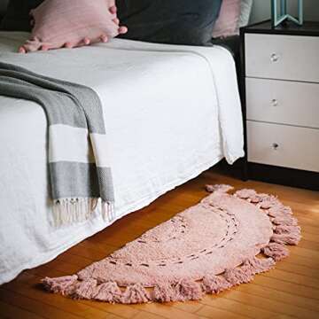 Unique Boho Rug - Half Circle Mat with Crochet Insert Detail & Tassels - 100% Cotton Boho Bathroom Rugs - Decorative Non-Slip Bohemian Rug for Bath & Bedroom - Cute Boho Décor - Dusty Pink 42x22