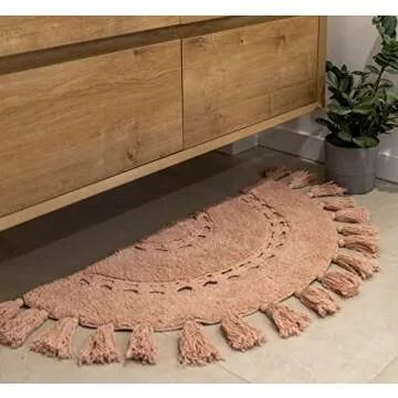 Unique Boho Rug - Half Circle Mat with Crochet Insert Detail & Tassels - 100% Cotton Boho Bathroom Rugs - Decorative Non-Slip Bohemian Rug for Bath & Bedroom - Cute Boho Décor - Dusty Pink 42x22