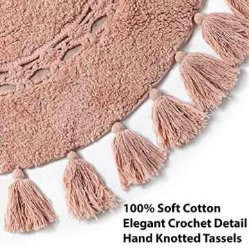 Unique Boho Rug - Half Circle Mat with Crochet Insert Detail & Tassels - 100% Cotton Boho Bathroom Rugs - Decorative Non-Slip Bohemian Rug for Bath & Bedroom - Cute Boho Décor - Dusty Pink 42x22