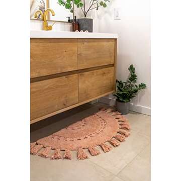 Unique Boho Rug - Half Circle Mat with Crochet Insert Detail & Tassels - 100% Cotton Boho Bathroom Rugs - Decorative Non-Slip Bohemian Rug for Bath & Bedroom - Cute Boho Décor - Dusty Pink 42x22